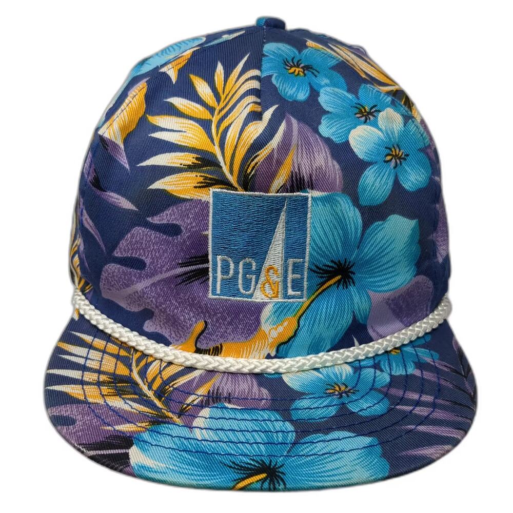 San Sun PG&E Trucker Hat Blue Yellow Floral Rope Embroidered One Size Vintage